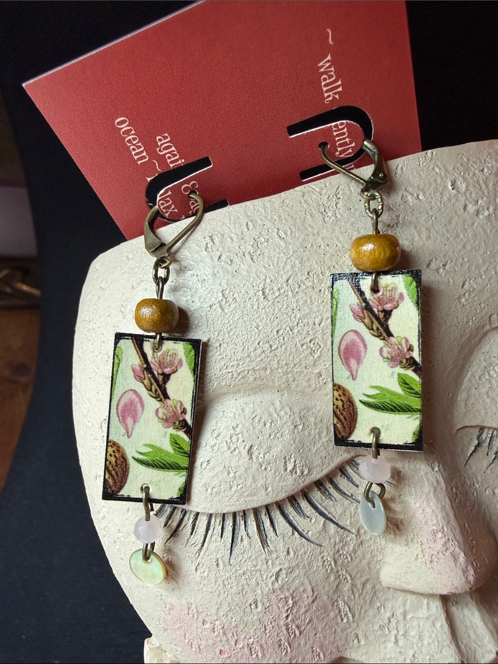 Floral Rectangle Drop artboard Earrings in Green and Pink